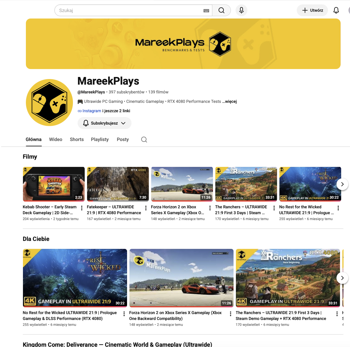 MareekPlays YouTube channel with ultrawide gameplay videos